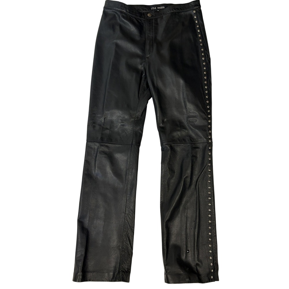 Steve Madden Vintage Y2K Genuine Leather Pants 10 Black Studded Moto Rocker - Picture 2 of 15